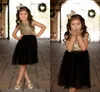 Siyah Altın Sequins Tül Çiçek Kız Elbise Düğün İçin Çocuk Parti Elbiseler Sparkly Kızlar Pageant elbise Diz Boyu
