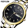 Relojes de pareja de amantes de lujo de marca superior, reloj resistente al agua con fecha para hombre, reloj de pulsera de cuarzo de acero inoxidable dorado para mujer, reloj para hombre