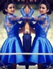 2022 Royal Blue Homecoming Dresses Long Sleeves Short Party Dress Lace Applique Satin Arabic plus size Illusion Back Cocktail Dress