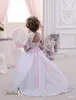 2016 Miniatura Noivas Vestidos com Mangas Meias e Laço Rosa Arco Apliques Frisado Tule Vestido De Baile Flor Meninas Vestidos com Rendas Para Cima