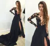 Nueva moda sexy dividida árabe vestidos de noche una línea V cuello negro manga larga vestidos de noche Dubai lentejuelas encaje apliques vestido de fiesta formal