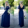 Land Bruidsmeisje Jurken Sleeves 2016 Hot Sale Navy Blue Lace and Chiffon Aangepaste Pailletten met Sash Long Maid of Honour Glozen EN6183