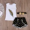 Girls Clothes 3PCS Baby Girls Summer Clothes Sets Feather Printing Vest Casual Tops+Dot Tassel Shorts Golden Headband Summer Clothes Sets