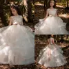 Tiered Skirts Beads Flower Girls Dresses For Weddings Lace Appliqued Little Kids First Communion Dress With Bow Sash Pageant Ball Gowns