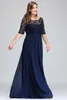 Dark Navy Black Bury Half Long Sleeves Plus Size Prom Lace Top A Line Chiffon V Back Mother Of Bride Dresses Cheap Gowns Cps522