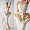 Light Champagne Lace Mermaid Evening Dresses MNM Couture Shiny Beaded Rufflels Peplum Strapless Celebrity Prom Party Gown