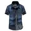 Wholesale-2016 Newest Summer Men's Fashion Denim Shirts Man Short Sleeve Navy Blue Plus Size XXXL 4XL Jeans Shirt