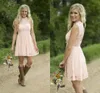 Country Bridesmaid Dresses 2019 Blush Pink Short Lace Bridesmaids Gown Illusion High Neck Beads Sequins Open Back Dress for Weddings