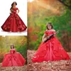 Rouge Hors Épaule Pageant Robe Pour Les Filles Appliques Florales Robe De Bal Robe De Fille De Fleur Princesse Fille Robe D'anniversaire Enfants De Mariage Tenue De Cérémonie