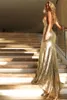 New Fashion Gold Sequined Mermaid Long Afton Klänningar Deep V Neck Spaghetti Strap Sweep Train Open Back 2017 Evening Party Gowns Ba3856