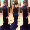 Popular Elegant Navy Blue Evening Gowns Illusion Jewel Neck See Through Beaded Lace Appliques Prom Dresses Long Fitted Wear with Train