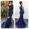 Evening Dresses Wear 2017 New Jewel Neck Lace Applique Beaded Prom Dress Long Sleeves Illusion Mermaid Navy Blue Satin Formal Party Gowns