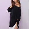 الجملة-blusas 2016 الصيف المرأة مثير مائل العنق قبالة الكتف حمالة كم طويل bowknot بلوزة الأعلى عارضة فضفاض قميص اللباس 4 اللون