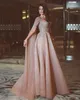 2017 élégantes perles longues robes de soirée avec manches cape bretelles A-ligne longue rose tulle robes de soirée robes perlées Fest223F