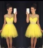 Rhinestone Yellow Cocktail Dresses 8th grade short Prom Dress crystal homecoming dress Sheer Neck Mini Graduation Party Dress Custom Made