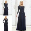 Lange mouwen Avondjurk Hoge Kwaliteit Navy Blue Applique Chiffon Dameskleding Prom Party Dress Formele evenementenjurk Moeder van de Bruid Jurk