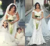 2017 Arabiska Mermaid Bröllopsklänningar V Neck Cap Sleeves Full Lace 3D Floral Beaded Sweep Train sa Mhamad Plus Size Formell Bridal Dress