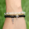 Tout l'été bijoux pour femmes 6mm perles de pierre de Quartz rutile noir avec des Zircons clairs Loyal Cross Cz Bracelets253r