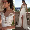 Sexig Chiffong Lace Appliques A-Line Bröllopsklänningar Plus Storlek Bröllop Bröllopsklänningar Country Western Beach Bröllopsklänning Robe de Mariage