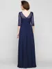 New Free Shipping Dark Navy V-neck A-line Floor-length Half Sleeve Lace and Chiffon Mother of the Bride Dress