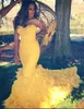 2017 밝은 노란색 인어 공주 댄스 파티 드레스 섹시한 연인 제국 새틴 얇은 명주 그물 더하기 크기 백 레즈 여자 야간 파티 드레스