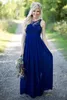 Royal azul dama de honra vestido elegante backless chão-comprimento longo laço chiffon mulheres vestido de festa de casamento noite