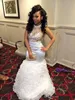 Floor Length Dubai White Mermaid Prom Dresses New Sheer Halter Rhinestones Ruffles Black Girl Graduation Party Dresses