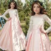 2017 Modest Ivory Lace Blush Satin Flower Girls Dresses For Weddings With Long Sleeve Pearls Ruched Formal Gowns Custom Made EN83011