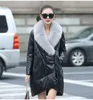 Women's winter natural fox fur collar genuine leather sheepskin asymmetric medium long duck down parka coat plus size 3XL