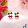 Stud Earrings Wholesale 18K Gold Plated Korean Red Cherry Crystal Rhinestone Leaf Drop Earrings Pretty Statement Earrings