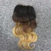 3 pakiety z zamknięciem 1B / 4/27 Brazylijski Human Hair 3 Tone Ombre Brown Blonde Extensions Włosów Włoski Wiązki z zamknięciem