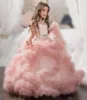 Arabski 2017 Sheer Neck Floral Flower Girl Sukienki na ślub Kryształy Tiers Dziecko Korant Suknie Pierwszy Komunion Suknie Custom Made Contaż