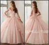 2019 New Long Sleeve Baby Pink Ball Gown Quinceanera Abiti con scollo a V Appliques in pizzo Lungo Prom Sweet 16 Abiti da ballo Abiti da Quinceanera 322