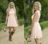 2019 Lace Short Bridesmaid Dresses High Neck Sleeveless Open Back Sequins Pink Bridesmaid Gowns Backless Country Wedding Party Dresses Mini