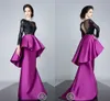 Elegante Preto Laço de Manga Longa Vestidos de Noite Fushia Satin Ruffles Peplum Sereia Vestidos de Baile Oco Voltar Saudita Árabe Vestidos de Festa Formal