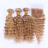 Maleisische menselijke honing blonde weefsel bundels diepe golf met # 27 aardbei blonde 4x4 voorkant sluiting diep golvend 4pcs lot