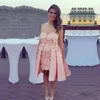 Roze 3d appliques cocktailjurk sexy sweetheart hoge lage avondjurken knielengte korte prom jurken goedkope homecoming jurk