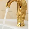 Elegant Swan Shape Brass Gold Finish Bathroom Mixer Taps Deck Mount Basin Vessel Faucet