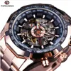 Forsining Sport Racing Series Skeleton Acero inoxidable Negro Golden Dial Top Brand Relojes de lujo Hombres Reloj automático Reloj Hombres