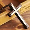 Double wooden cross pendant necklace vintage alloy leather cord sweater chain men women jewelry lovers stylish 12pcs