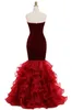 Organza och Velvet Burgundy Mermaid Evening Dresses Sweetheart Cascading Ruffles Long Plus Size Prom Party Gowns Vestido de Formatura Longo