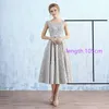 Fancy Light gray Lace Mother of the Bride Dresses Tea Length Scoop Lace-up Back Floral Lace with Beading Wedding Party Dresses Evening Gowns