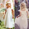 2017 Ny mönster Boho Flower Girl Dress Square Neck Capped Sleeves Flowy A Line Floor Length Lace och Chiffon Vestido de Casamento