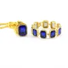 New Brand Hip Hop Jewellry Set Gold Blue Black Red Ruby Necklace Bracelet Men Bling Big Size