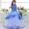 Royal Blue Lace Flower Girl Dresses for Weddings Broderi Princess First Communion Klänningar för flickor Tiered Golvlängd