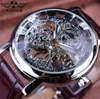 Winnaar Royal Carving Skelet Skelet Bruin Lederen Strap Transparant Thin Case Skeleton Design horloge horloges mannen merk luxe klok men221b