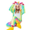 Trajes de cosplay femininos e pijamas flano de inverno estrela ou arco-íris unicórnio macacão kigurumi com capuz adultos halloween 286p