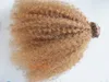 Mongolian kinky curly hair weft clip in hair extensions unprocessed curly blonde 27# color human extensions can be dyed