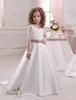 2016 meninas vestidos ocasião especial com mangas compridas e v neck branco cetim elegante flor meninas vestidos com café faixa pentelei