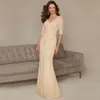 2019 nieuwe champagne moeder van de bruid jurken lange elegante beaed lovertjes plooien v-nek zeemeermin stijl halve mouw kant formele jurken 159